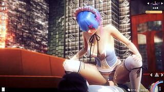 Грязный секс с Рем, массивная эякуляция, хентай - порно видео